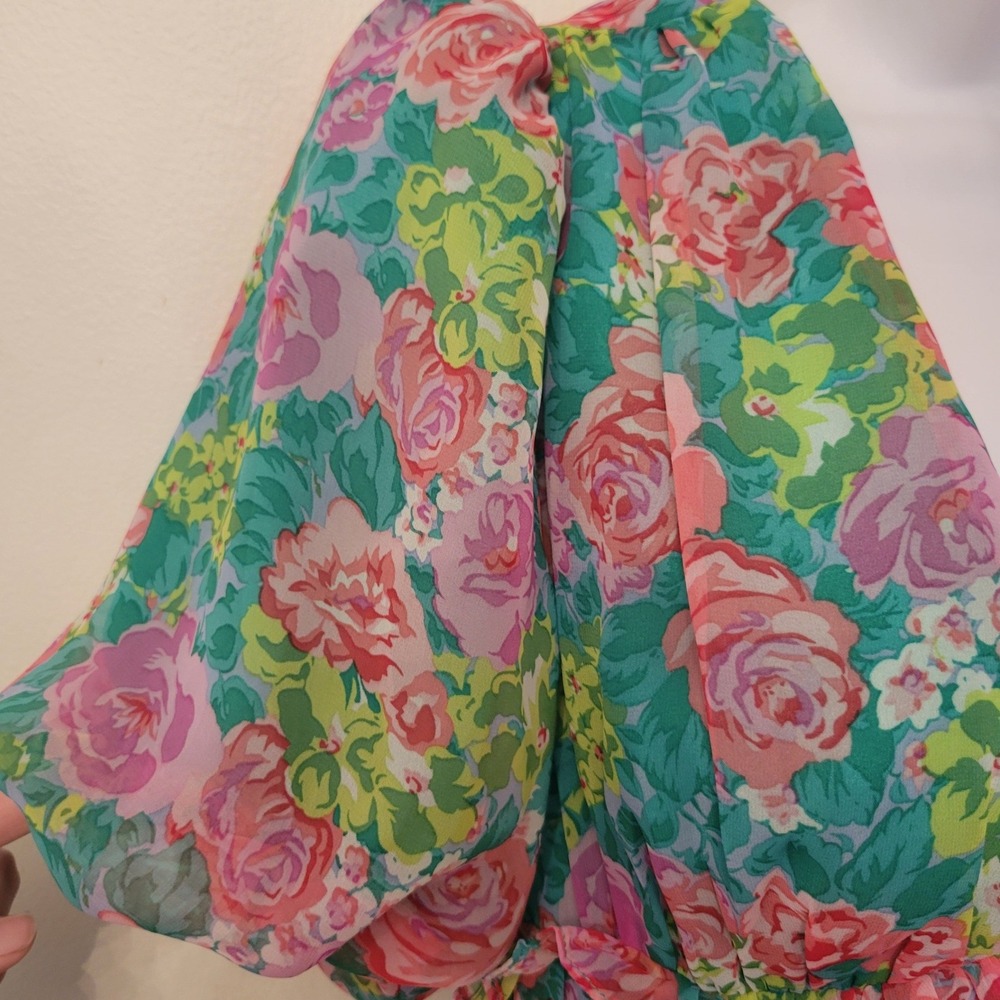 ASTR The Label M Maxi Dress Green Pink Floral Puff Sleeve ESPERANZA V Neck Fairy - Picture 10 of 10
